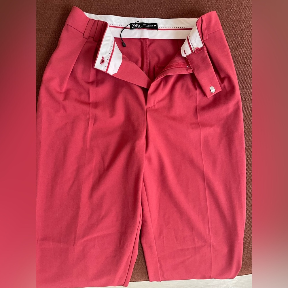 Zara Coral-Red Striped Trousers